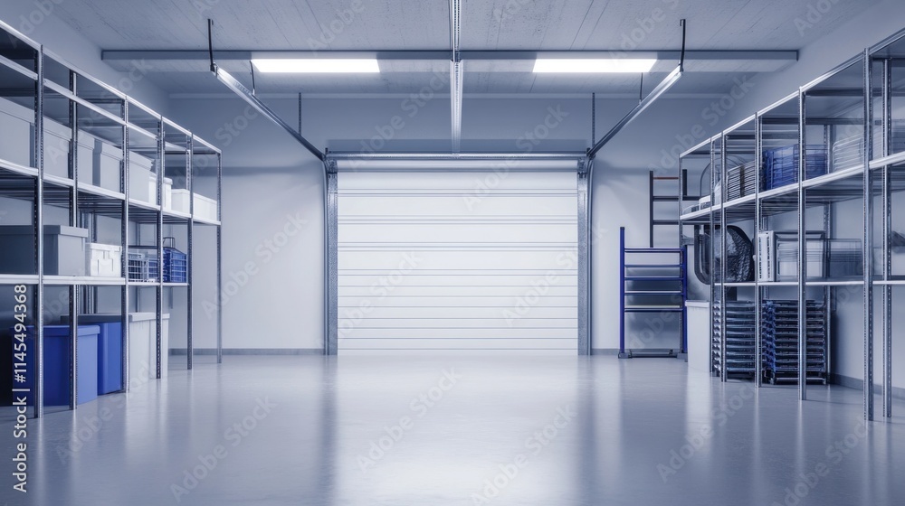 Fototapeta premium A clean, organized storage area with shelves and a roll-up door.