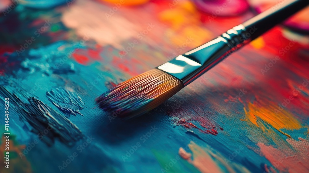 A close-up of a paintbrush resting on vibrant, textured paint, showcasing artistic creativity. A close-up of a paintbrush resting on vibrant, textured paint, showcasing artistic creativity.