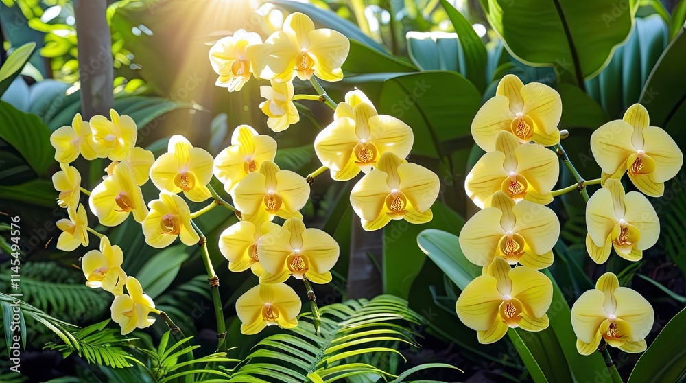 Fototapeta premium A vibrant garden of yellow orchids blooming under the warm tropical sun. The orchids, in shades of golden yellow and pale yellow, are surrounded by lush green tropical leaves 