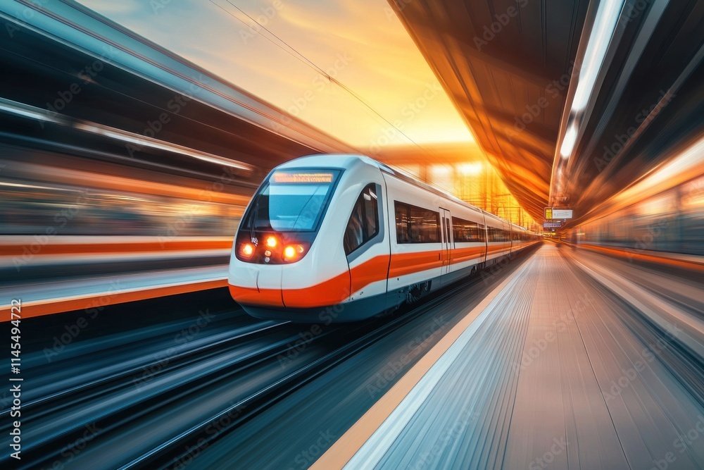 Fototapeta premium A high-speed train in motion at a vibrant station during sunset.