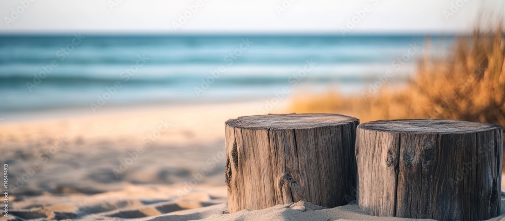 A serene beach scene featuring wooden logs and gentle ocean waves in the background. A serene beach scene featuring wooden logs and gentle ocean waves in the background.