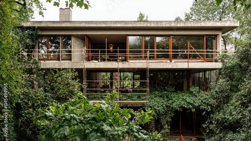 A modern house surrounded by lush greenery, featuring large windows and scaffolding.