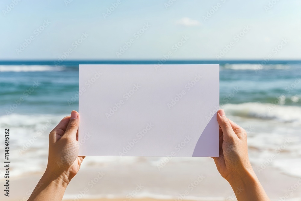 A person holding a blank sheet of paper by the beach, with ocean waves in the background.