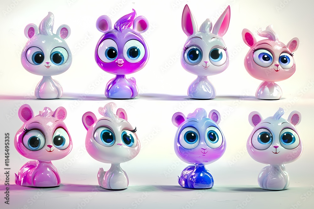Fototapeta premium Cute Animal Figurines with Big Eyes in Colorful Display Arrangement