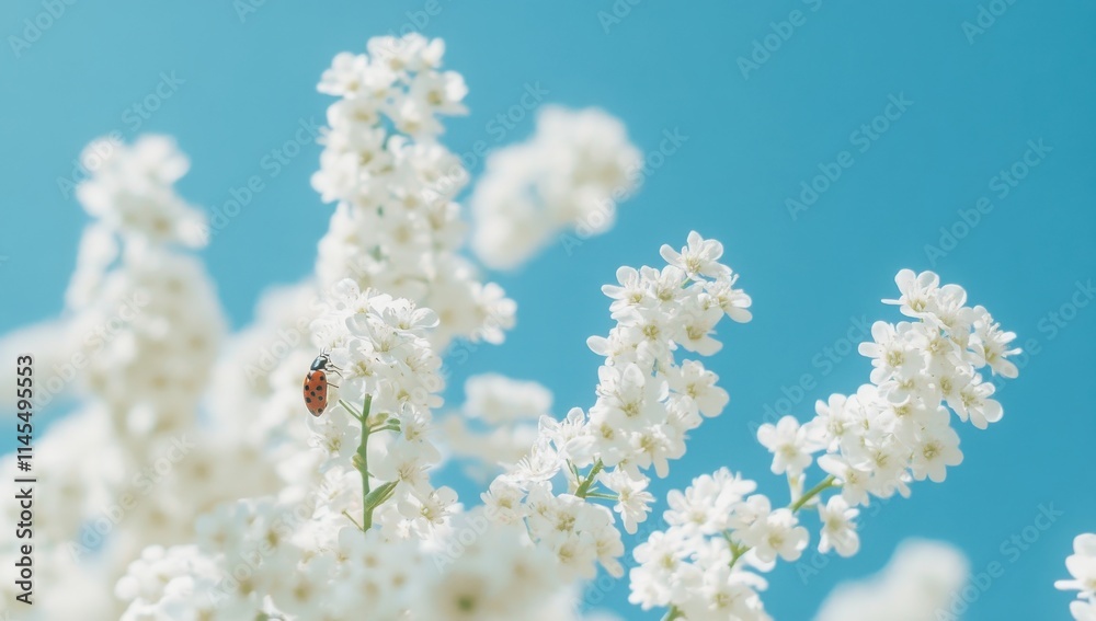 Close-Up of a Delicate White Flower Cluster with a Bee Pollinating Under a Bright Blue Sky, Capturing the Beauty of Nature and Insect Activity in Springtime Close-Up of a Delicate White Flower Cluster with a Bee Pollinating Under a Bright Blue Sky, Capturing the Beauty of Nature and Insect Activity in Springtime