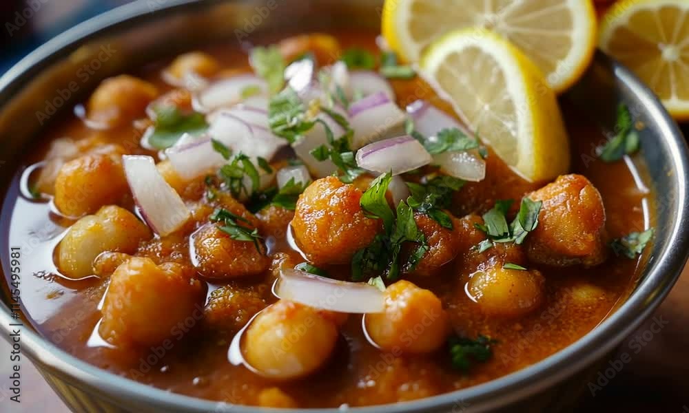 A bowl of chickpea curry topped with onions, herbs, and a lemon wedge, served with bread. A bowl of chickpea curry topped with onions, herbs, and a lemon wedge, served with bread.