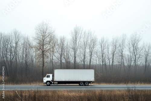 Wallpaper Mural A white truck parked beside a foggy road with bare trees in the background. Torontodigital.ca