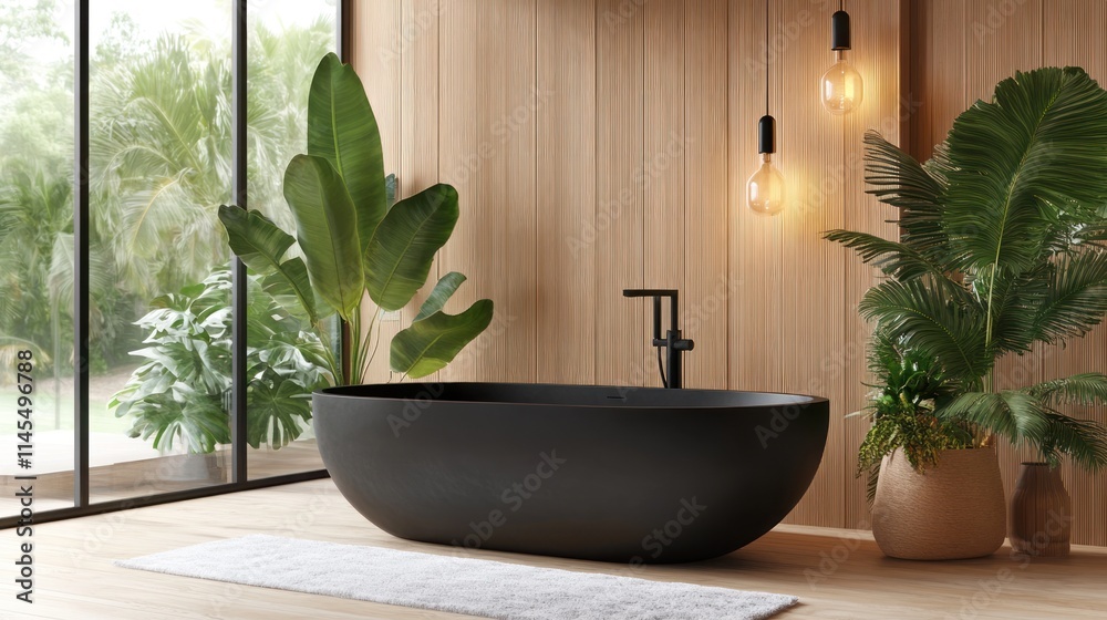 Fototapeta premium Modern bathroom featuring a sleek black bathtub, plants, and natural light.