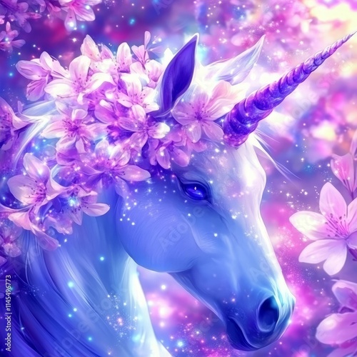 Magical Unicorn Adorned with Blossoms in Purple Galaxy