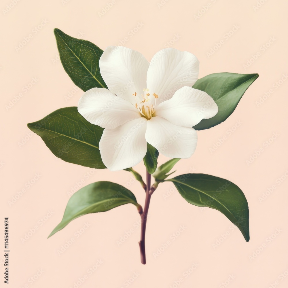 Obraz premium A delicate white flower with green leaves against a soft background.