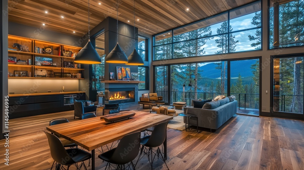 Naklejka premium Modern living room with large windows, wooden accents, and a cozy fireplace.