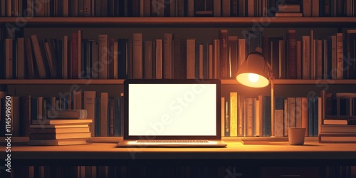 A cozy workspace with a laptop, lamp, and books on a wooden desk.