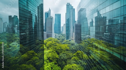 green city - double exposure of lush green forest and modern skyscrapers windows