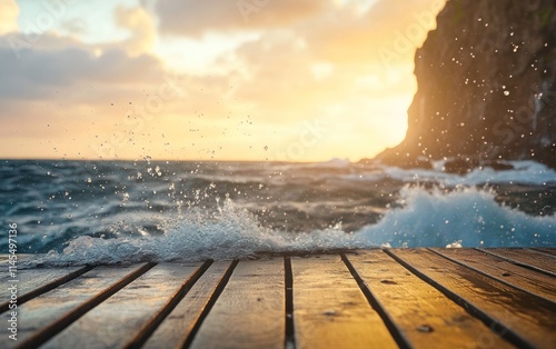 A scenic view of waves crashing against a wooden pier at sunset.