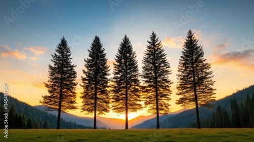 Wilderness valley concept. Silhouetted evergreen trees against a vibrant sunset with scenic mountains in the background.