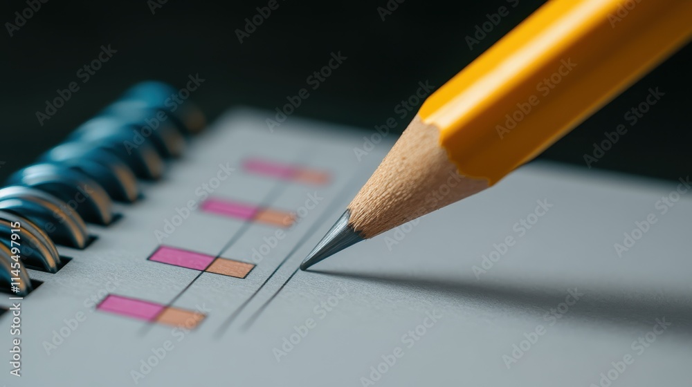 Close-up of pencil on spiral notepad, colored bars visible. Illustrates planning, note-taking, or data analysis. Close-up of pencil on spiral notepad, colored bars visible. Illustrates planning, note-taking, or data analysis.