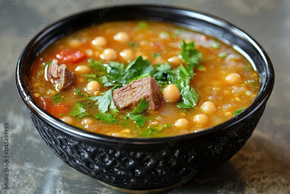 Hearty beef and chickpea stew in a bowl. Perfect for illustrating comfort food, healthy eating, or cultural cuisine. Hearty beef and chickpea stew in a bowl. Perfect for illustrating comfort food, healthy eating, or cultural cuisine.