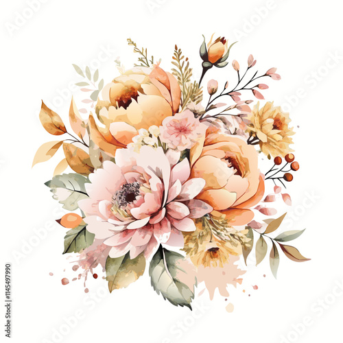 Watercolor wedding floral bouquet illustration blush pink yellow vivid flowers Vector (2)