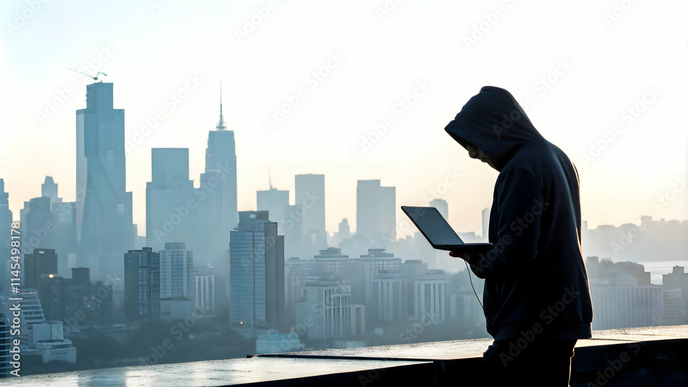 Hacker Silhouette Fading Over Cityscape Symbolizing Cyber Resilience Hacker Silhouette Fading Over Cityscape Symbolizing Cyber Resilience