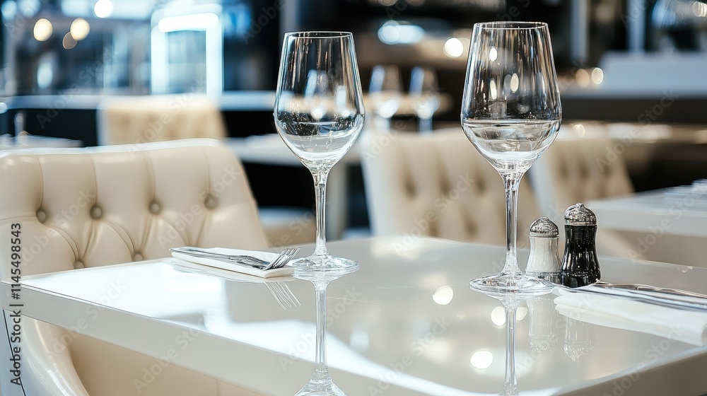 Empty wine glasses on a table set for two in a fine dining restaurant. Perfect for menus, wine lists, or upscale dining promotions. Empty wine glasses on a table set for two in a fine dining restaurant. Perfect for menus, wine lists, or upscale dining promotions.