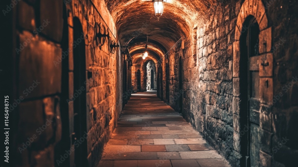 Fototapeta premium A dimly lit stone corridor with arches and doors, evoking a mysterious atmosphere.