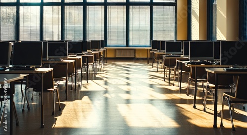 An empty classroom with computer desks illuminated by sunlight.