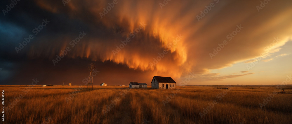 Fototapeta premium Dramatic Prairie Sunset with Abandoned Farmhouse and Windmill