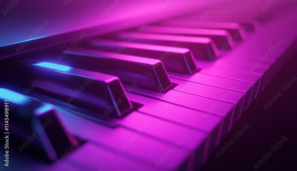 A close-up view of piano keys illuminated with vibrant purple and blue lighting. A close-up view of piano keys illuminated with vibrant purple and blue lighting.