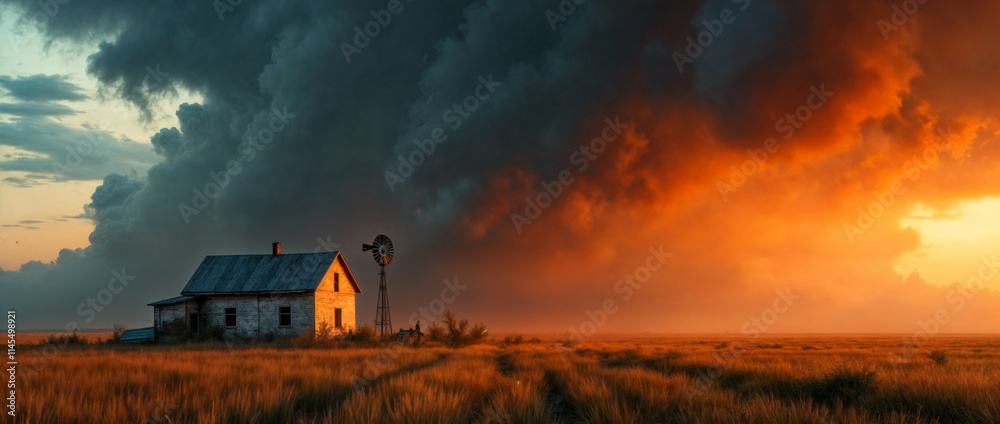 Dramatic Prairie Sunset with Abandoned Farmhouse and Windmill Dramatic Prairie Sunset with Abandoned Farmhouse and Windmill