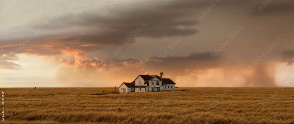 Fototapeta premium Dramatic Prairie Sunset with Abandoned Farmhouse and Windmill