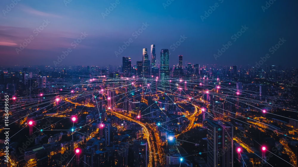 Fototapeta premium Smart digital Innovation city with connection network reciprocity over the cityscape. of future smart wireless city and social media networking systems that connects business people with in city
