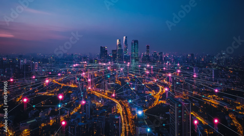 Wallpaper Mural Smart digital Innovation city with connection network reciprocity over the cityscape. of future smart wireless city and social media networking systems that connects business people with in city Torontodigital.ca