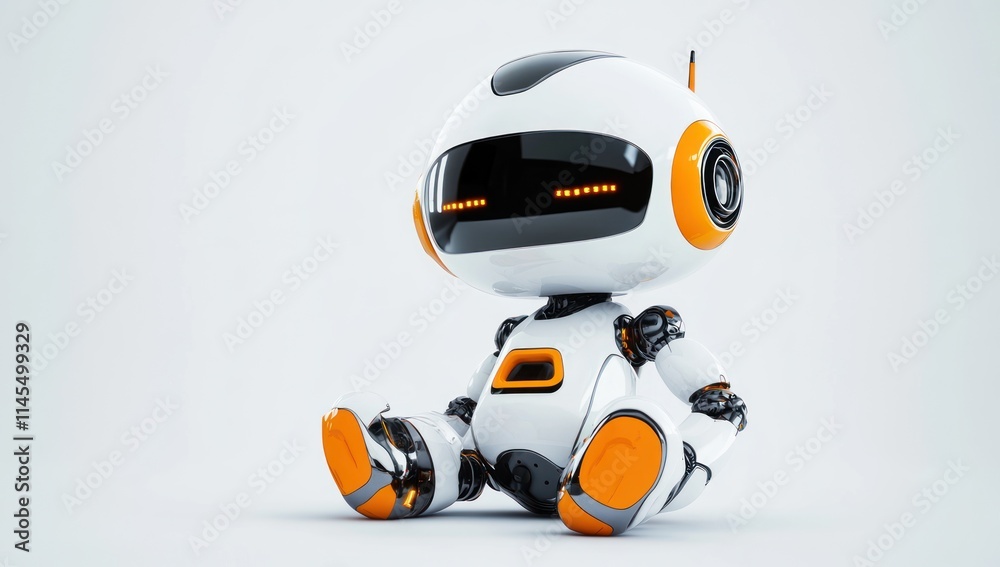 A cute, futuristic robot character with a friendly design, sitting on a plain background. A cute, futuristic robot character with a friendly design, sitting on a plain background.