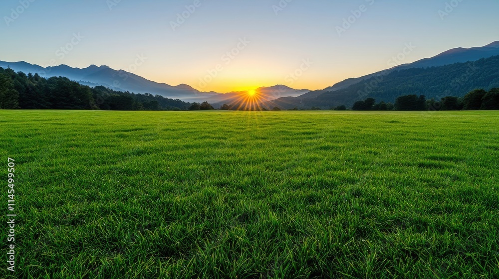 Wilderness valley idea. A serene sunrise over a lush green field framed by majestic mountains. Wilderness valley idea. A serene sunrise over a lush green field framed by majestic mountains.