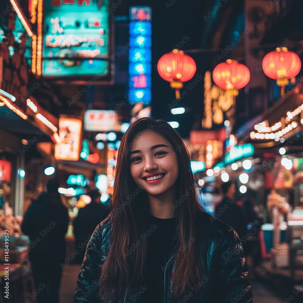 Night Market Glow A Young Woman Smiles in Vibrant Asian City Lights Night Market Glow A Young Woman Smiles in Vibrant Asian City Lights