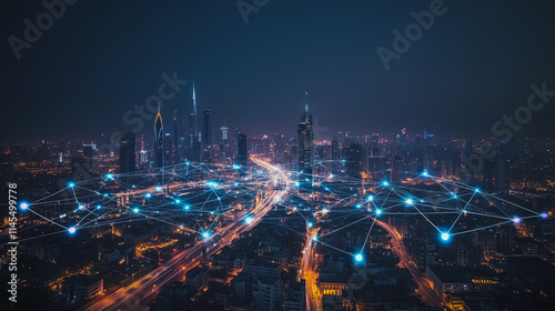 Wallpaper Mural Smart digital Innovation city with connection network reciprocity over the cityscape. of future smart wireless city and social media networking systems that connects business people with in city Torontodigital.ca