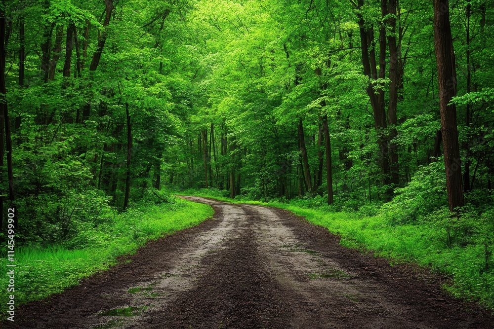 Fototapeta premium Lush green forest path, winding road. Perfect for nature, travel, and serenity themes.