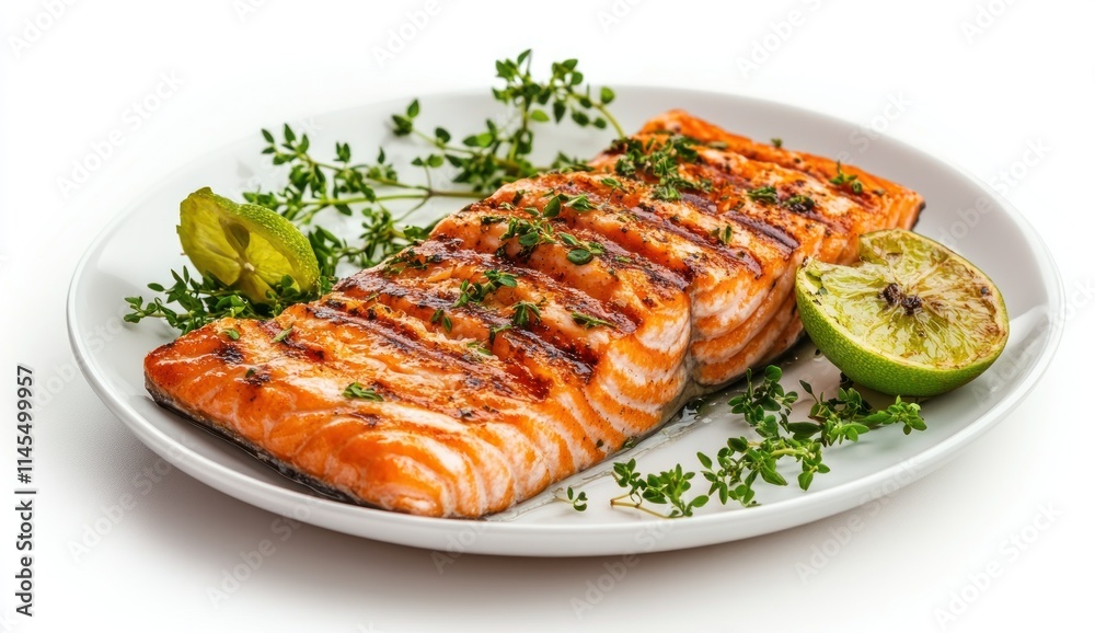 Grilled salmon fillet garnished with herbs and lime on a plate. Grilled salmon fillet garnished with herbs and lime on a plate.