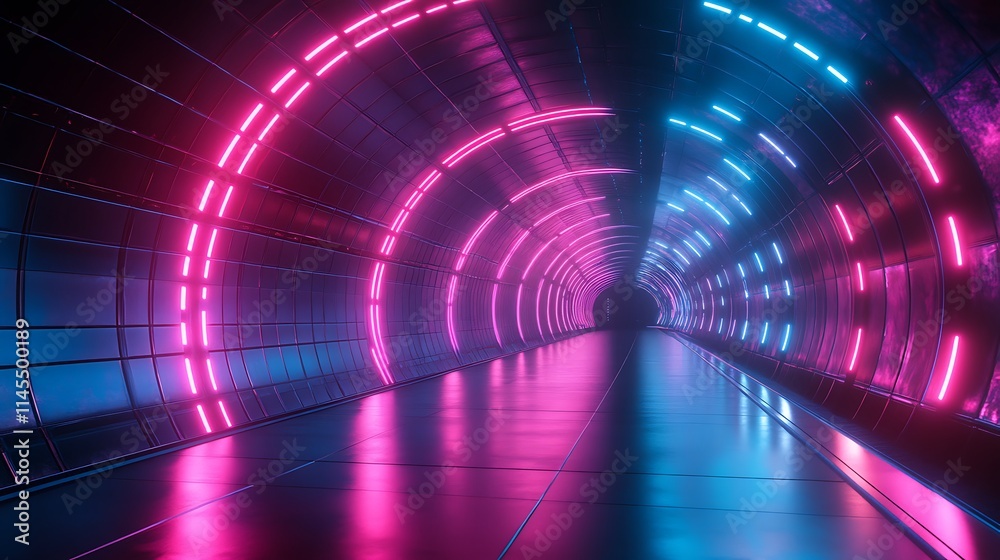 Neon Lights Illuminate Futuristic Curved Tunnel Neon Lights Illuminate Futuristic Curved Tunnel