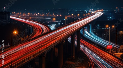 Nighttime urban scene showcasing a busy highway with light trails from moving vehicles.