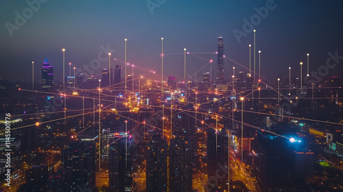 Wallpaper Mural Smart digital Innovation city with connection network reciprocity over the cityscape. of future smart wireless city and social media networking systems that connects business people with in city Torontodigital.ca