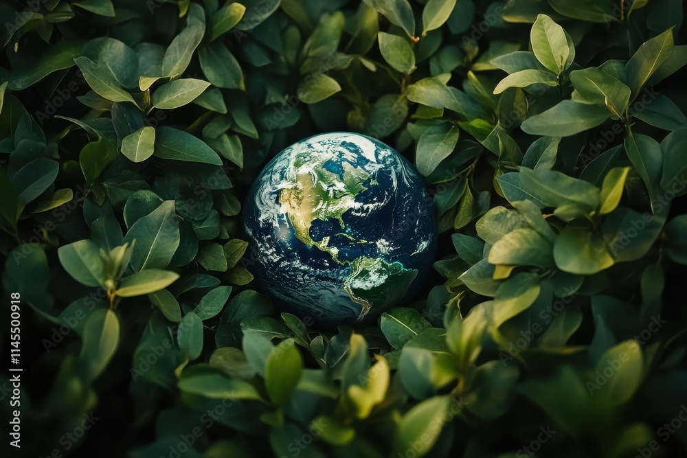 Earth globe nestled in lush green leaves. Illustrates environmental protection and sustainability. Earth globe nestled in lush green leaves. Illustrates environmental protection and sustainability.