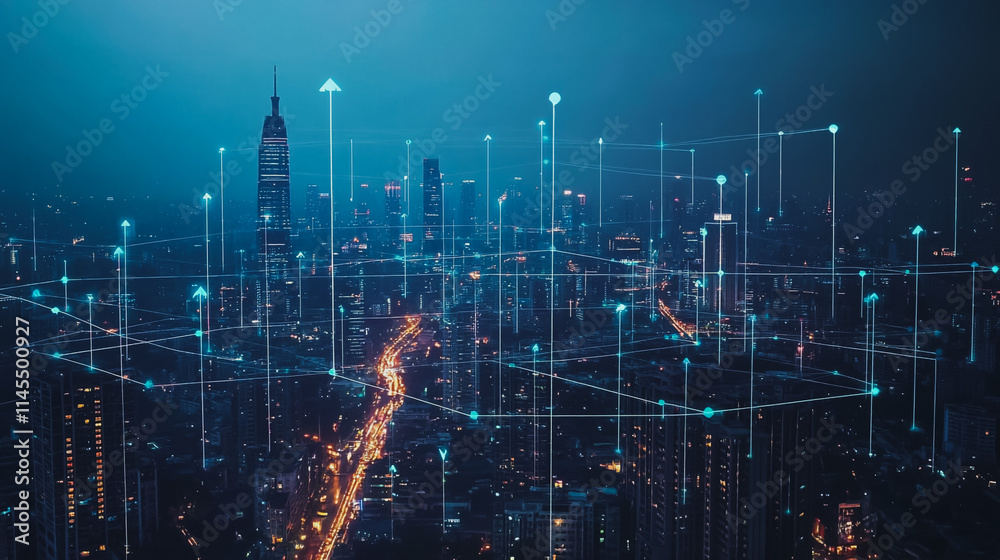 Fototapeta premium Smart digital Innovation city with connection network reciprocity over the cityscape. of future smart wireless city and social media networking systems that connects business people with in city