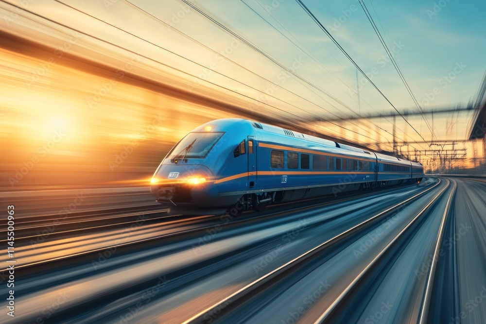 Naklejka premium A high-speed train in motion, captured during sunset with dynamic lighting effects.