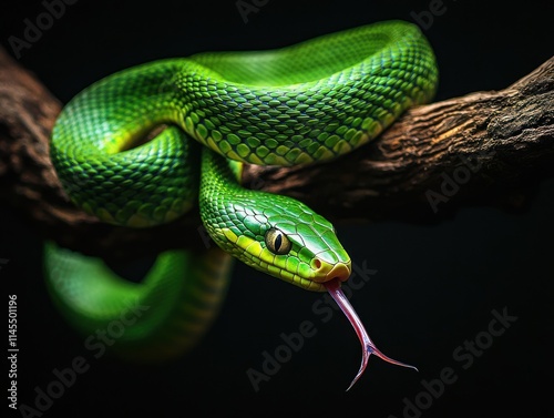 A vibrant green snake perched on a branch, showcasing its scales and flicking tongue. photo