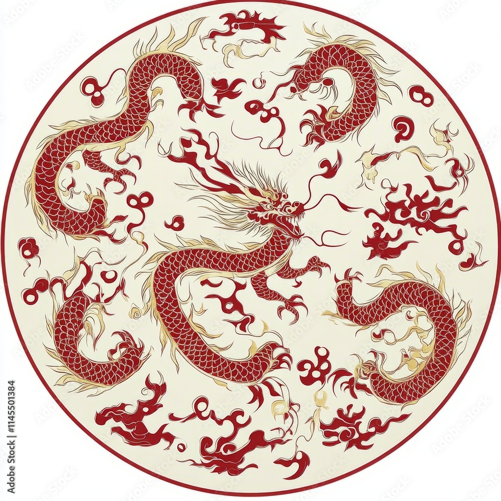 Fototapeta premium Ornate Circular Design Featuring Red Chinese Dragons and Clouds