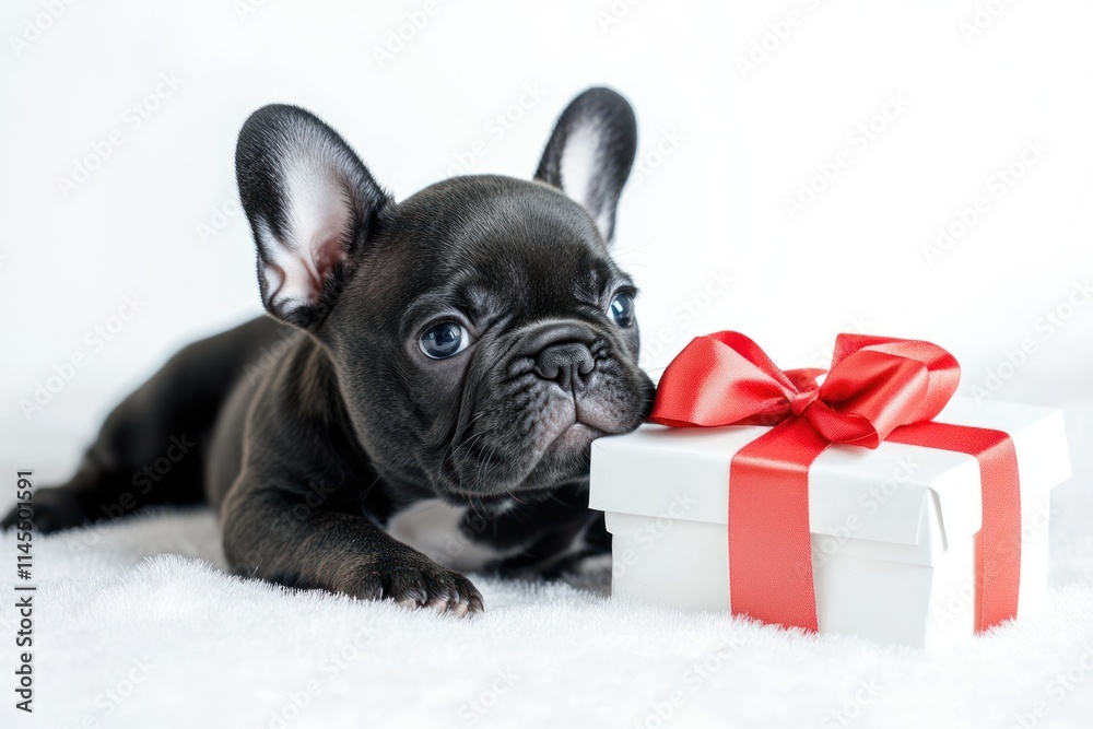 A cute black French Bulldog beside a gift box with a red ribbon. A cute black French Bulldog beside a gift box with a red ribbon.