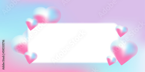 A romantic graphic with glowing 3D hearts in pink and blue surrounding a blank white center, ideal for a love-themed message.