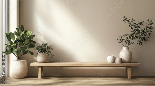 A minimalist interior scene featuring plants and pottery on a wooden shelf against a neutral wall.