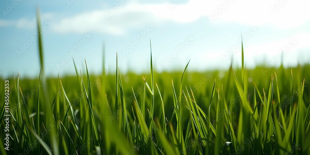 Obraz premium Fresh green grass under a bright blue sky creates a stunning and serene natural view